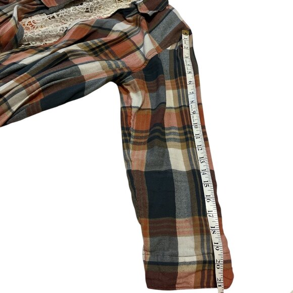 NATURAL REFLECTIONS Open Cardigan Sz L Coral Plaid Check Waterfall Lace Back - Picture 10 of 11